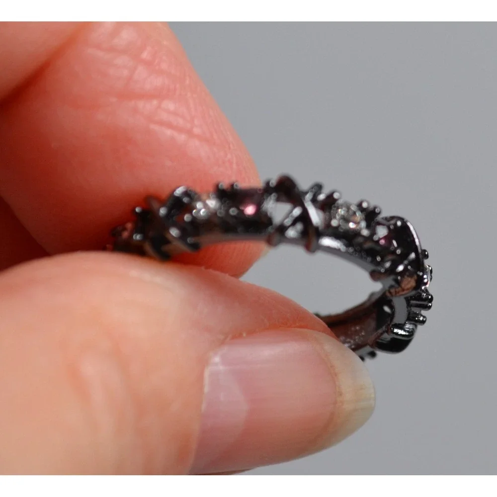 Silver Tone Band Ring with Clear & Light Pink Setting Size‎ 7.5 Cutout Design